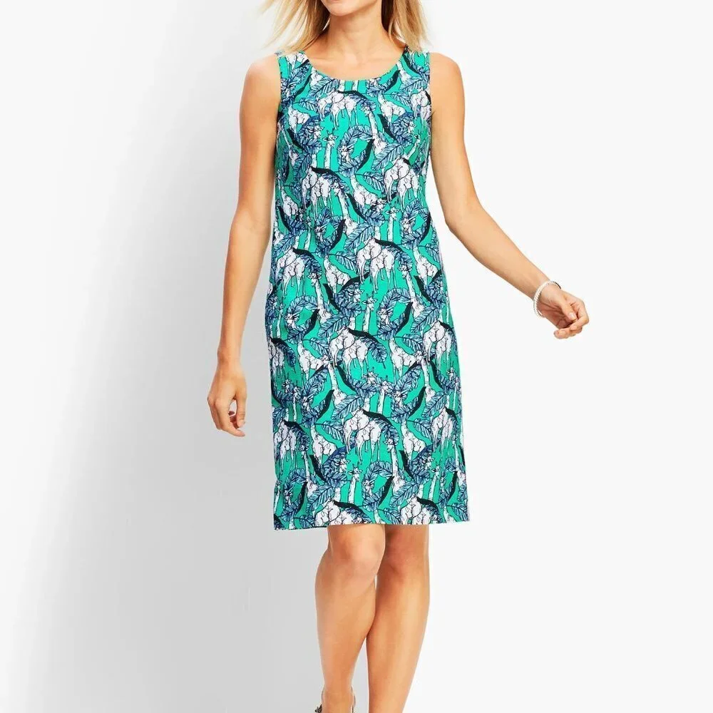 Talbots Shift Dress Size 10 Giraffe Leaves Print Sleeveless Cotton Blend A Line - Picture 10 of 10
